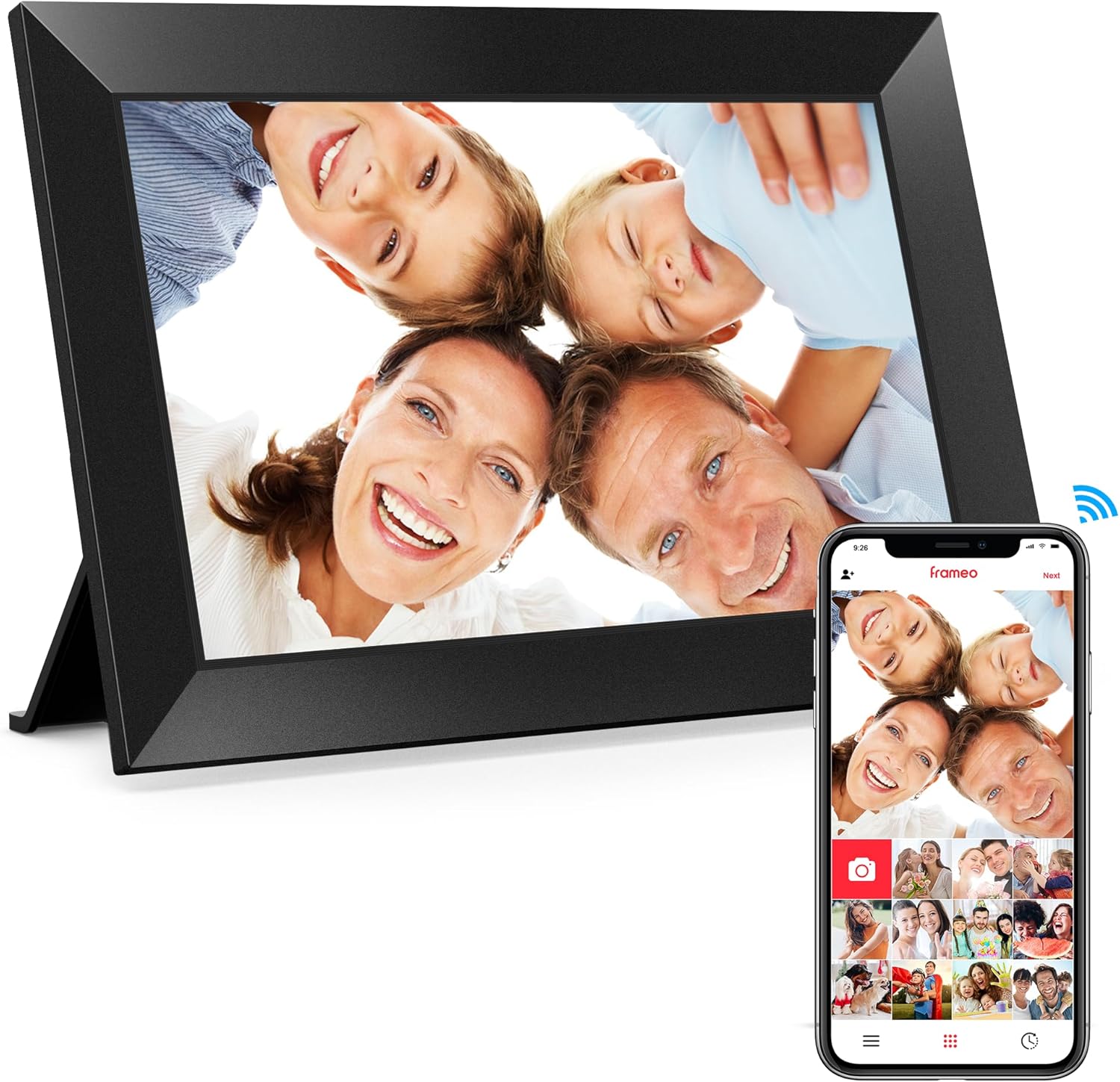 BIGASUO digital picture frame front view showing the 10.1 inch smart touchscreen display