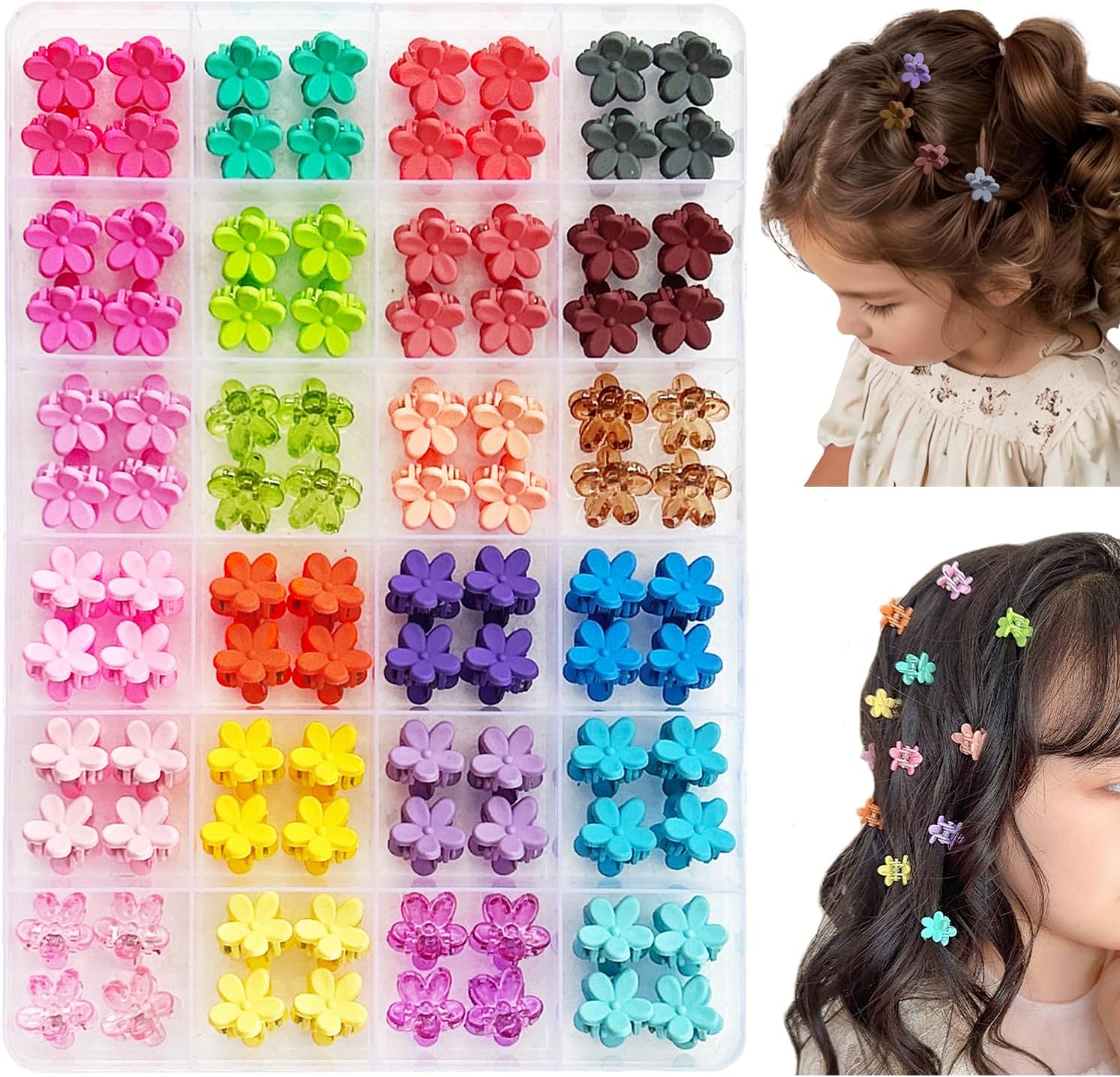 Elemirsa mini flower claw hair clips front view in organizer box