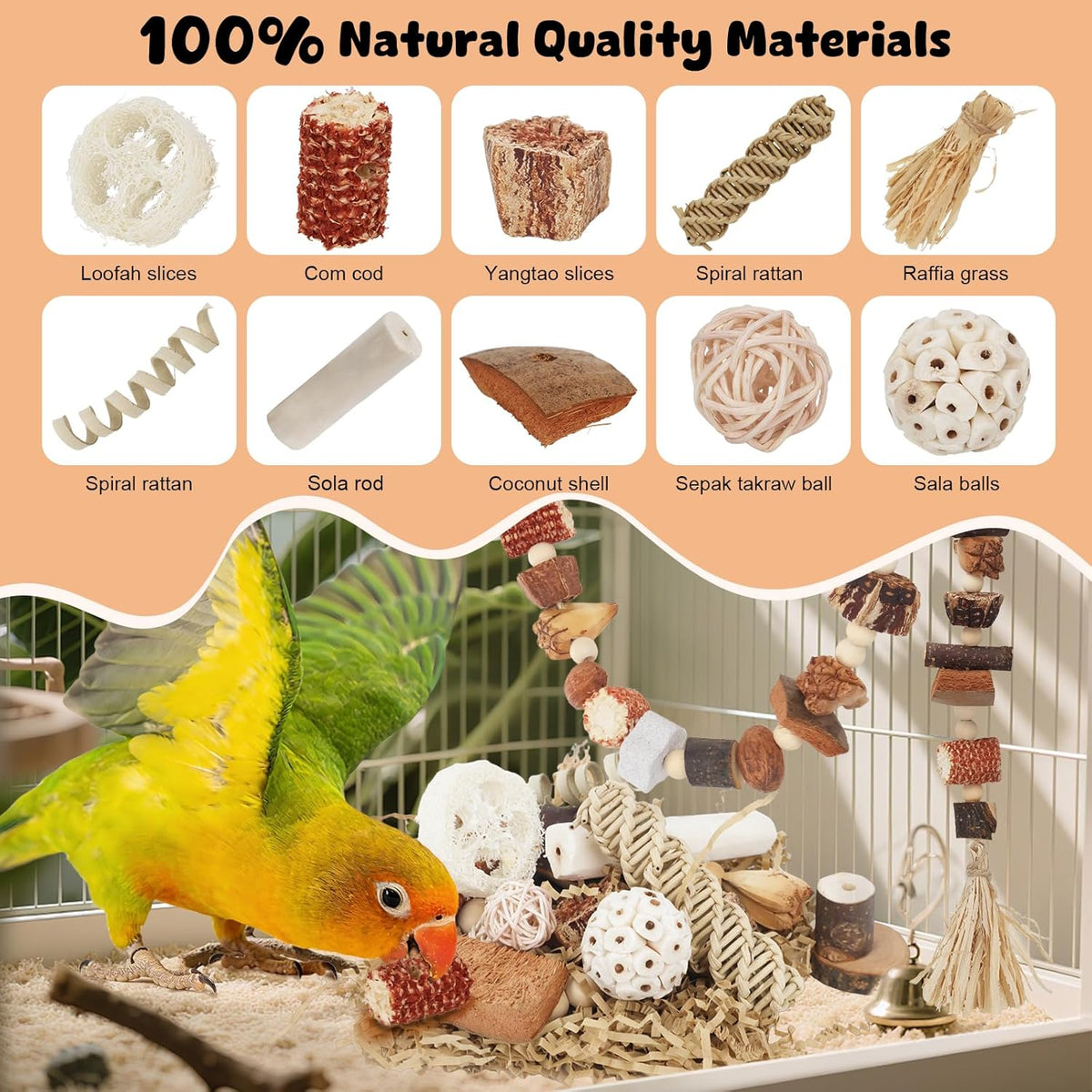 ZooVibe bird toy hanging puzzle box with natural loofah and apple wood