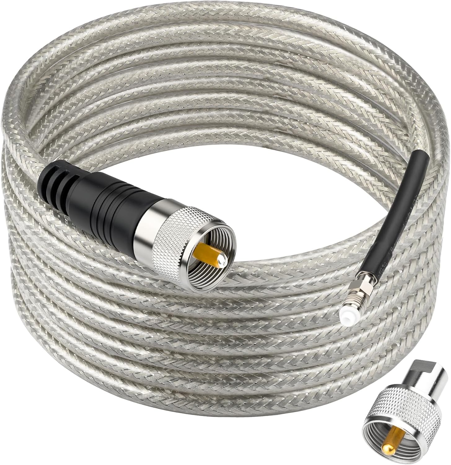 Ullnosoo CB coax cable 10 feet front view showing silver braided jacket and connectors