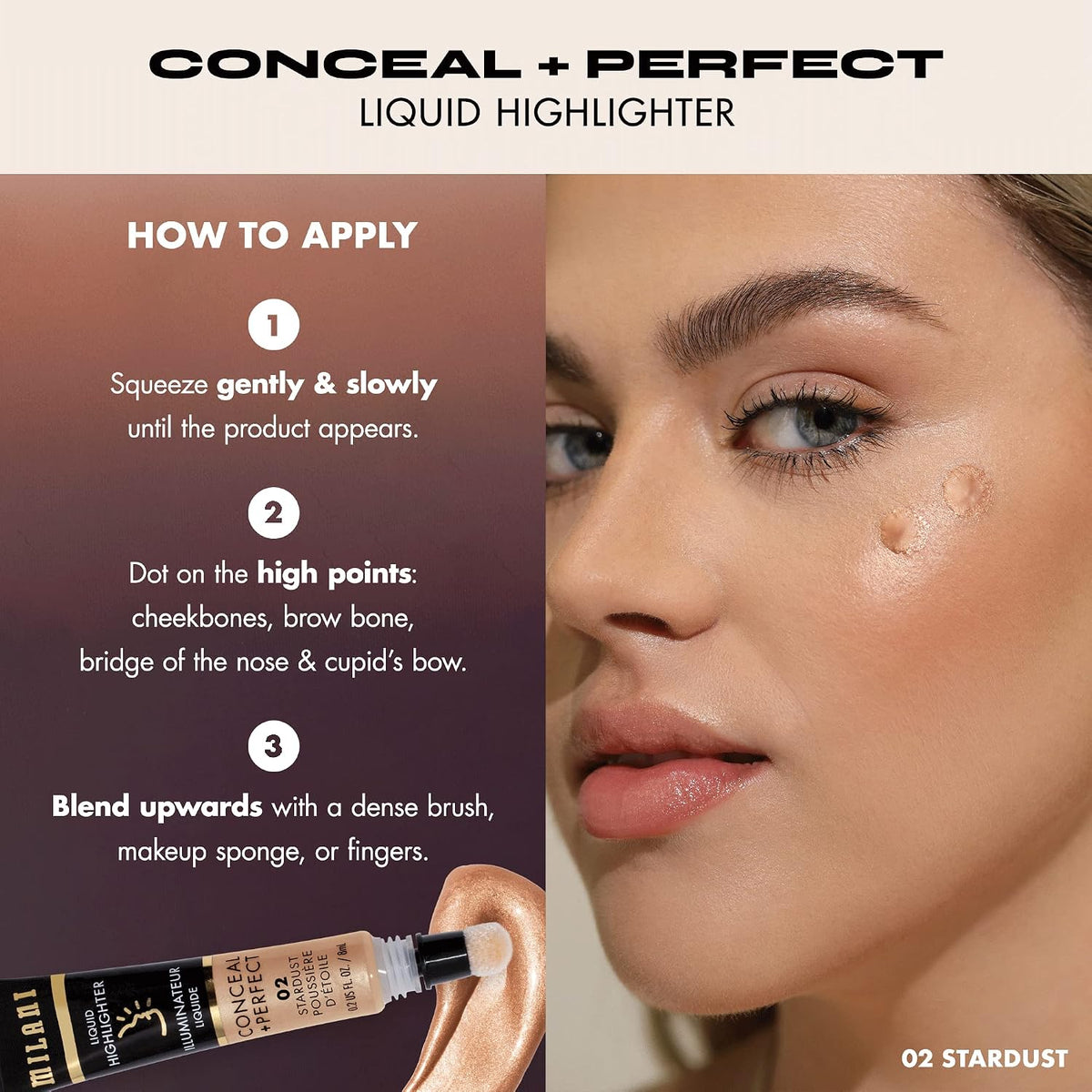 Applying Milani liquid highlighter to cheekbones