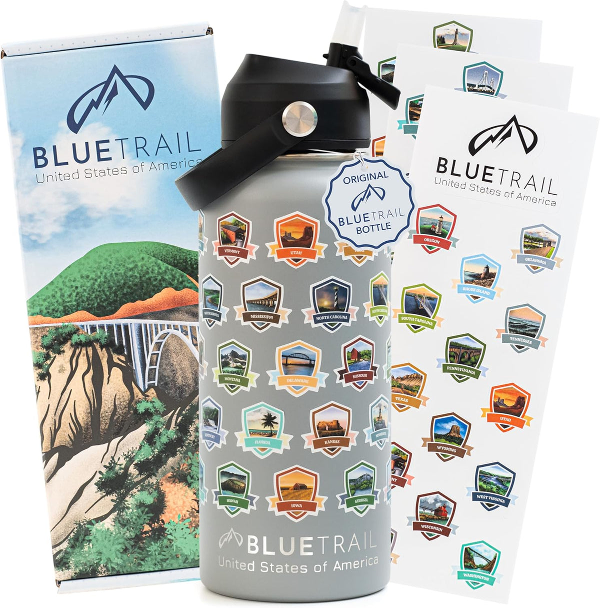 BlueTrail stainless steel travel water bottle complete package overview