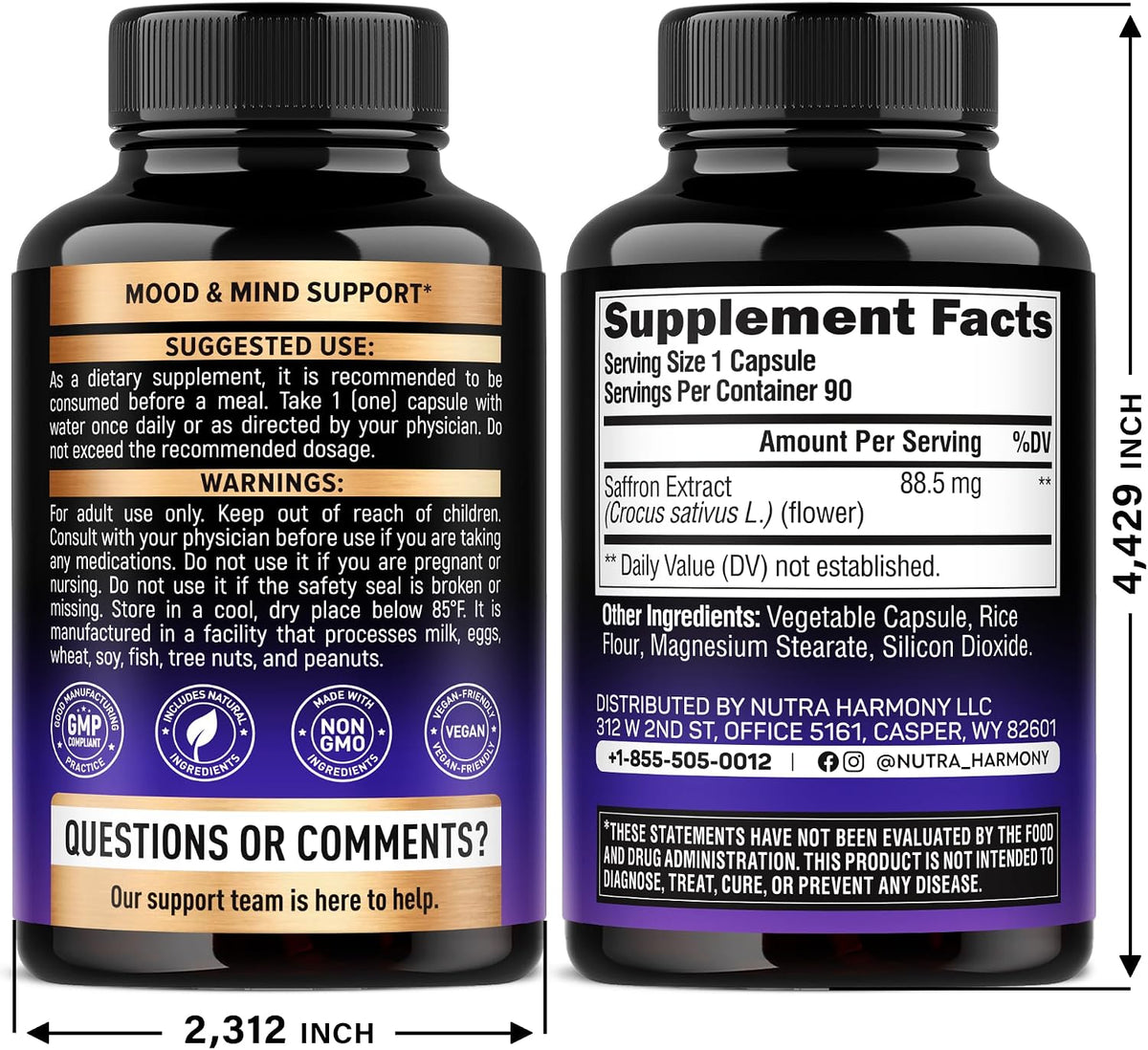 NutraHarmony Saffron 88.5mg supplement container highlighting capsule count.