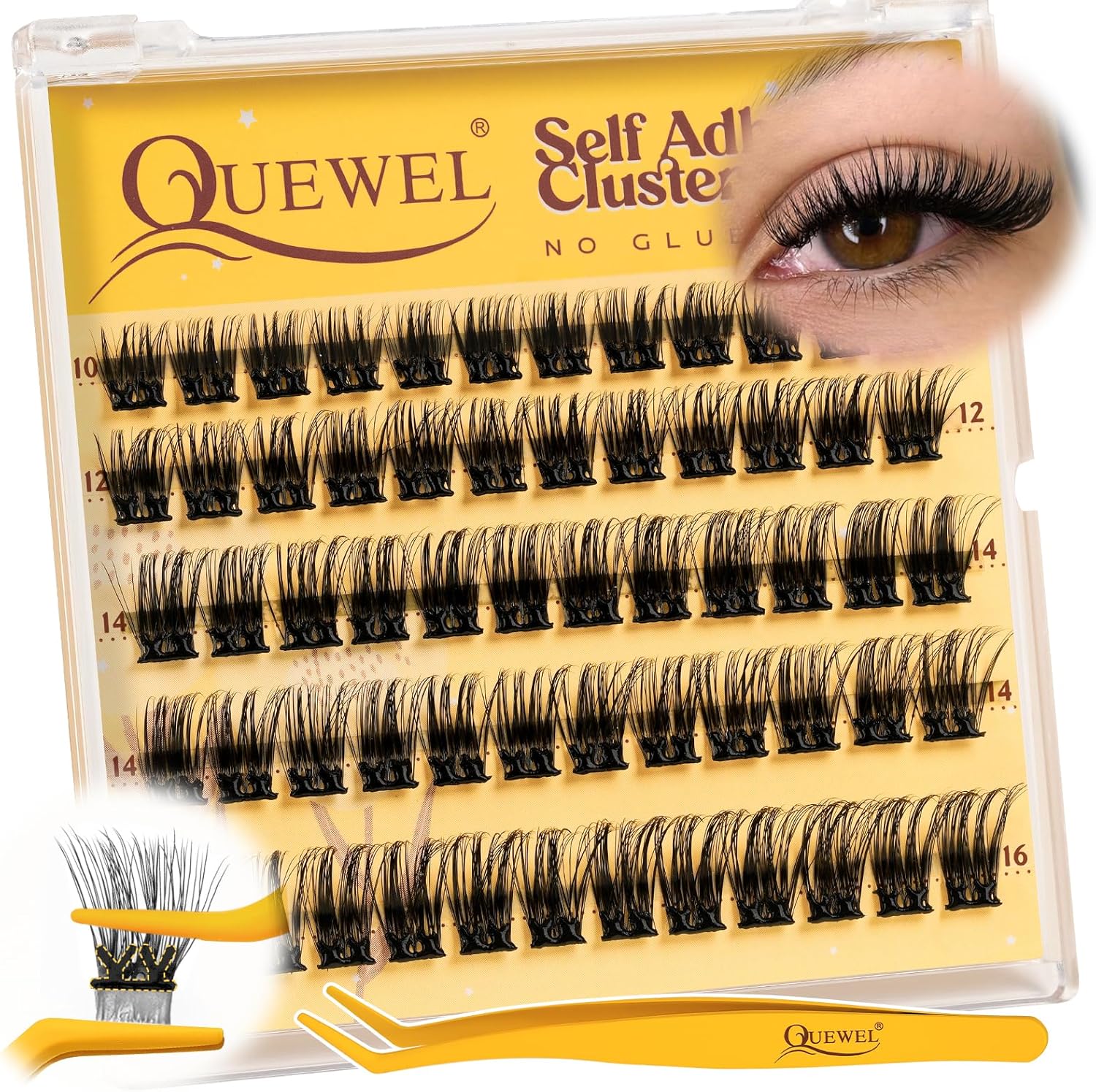 QUEWEL Self Adhesive Lash Clusters Kit, Pre Glued Eyelashes Clusters, 10-16MM Strong Hold Self Adhesive Eyelashes,D Curl Press On Lashes No Glue Needed DIY Lash Extensions Kit at Home(MJ04) - Image 1