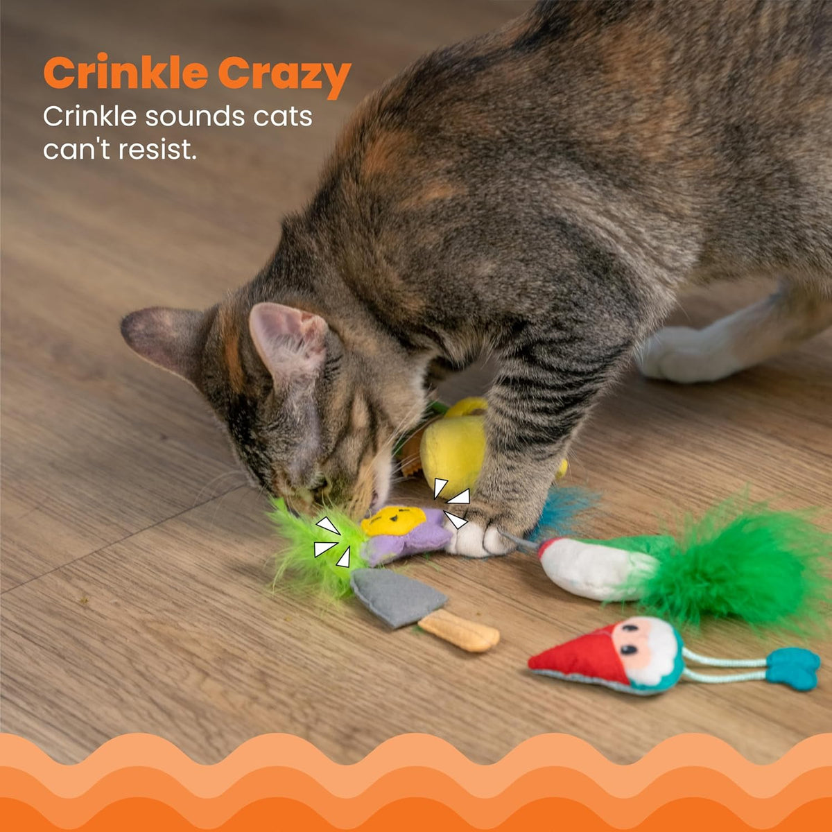 Cat playing with the crinkle-filled garden character toy indoors.
