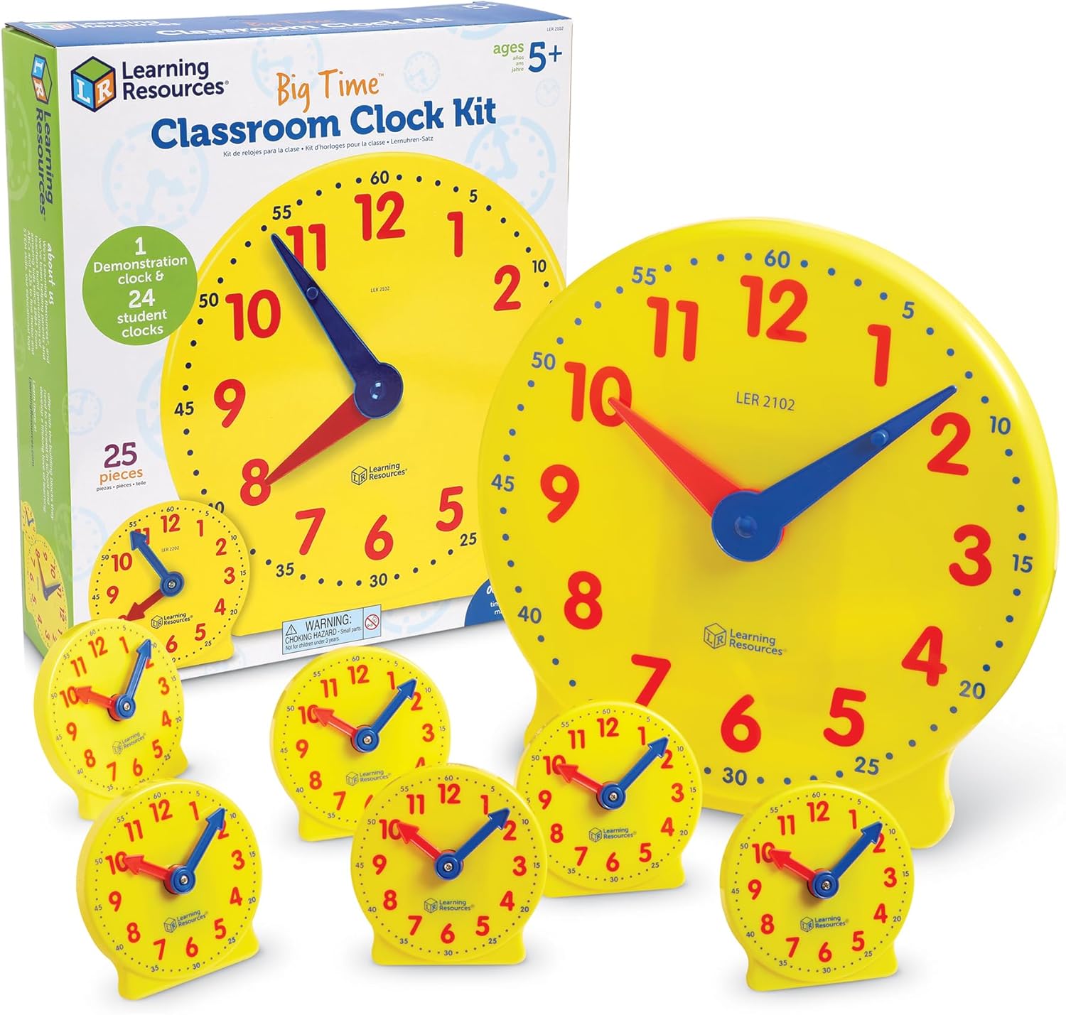 Learning Resources Classroom Clock Kit front view showing large yellow teacher demonstration clock and mini student clocks.