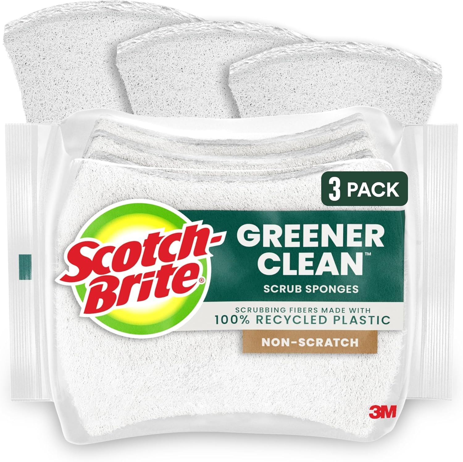 Scotch-Brite Greener Clean Non-Scratch Scrub Sponge, Sponge for Washing Dishes, Cleaning Kitchen, Superior Performance and Made with Sustainable Materials, Dishwasher Safe, 3 Scrub Sponges - Image 1