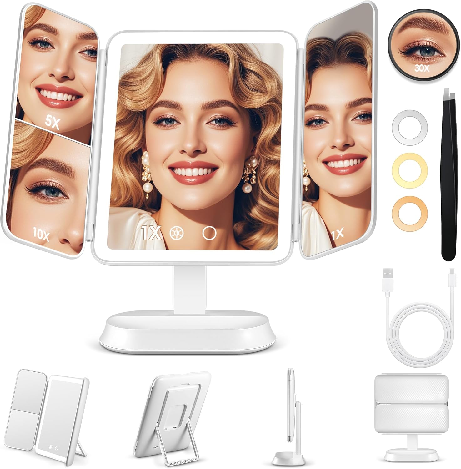 Vanity Mirror with Lights, Lighted Makeup Mirror with 30X/10X/5X Magnification, Rechargeable Trifold Mirror with 3 Color & Adjustable Brightness, Travel Makeup Mirror with Lights for Desk - Image 1