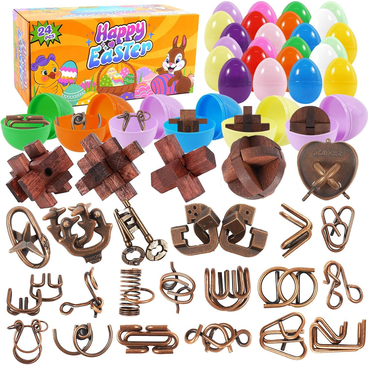 Hinwoln 24-piece Easter egg fillers with brain teaser puzzles front view showing colorful plastic eggs.