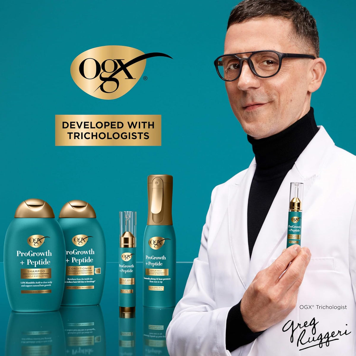 OGX ProGrowth Peptide hair thickening system bottle on a solid clean background