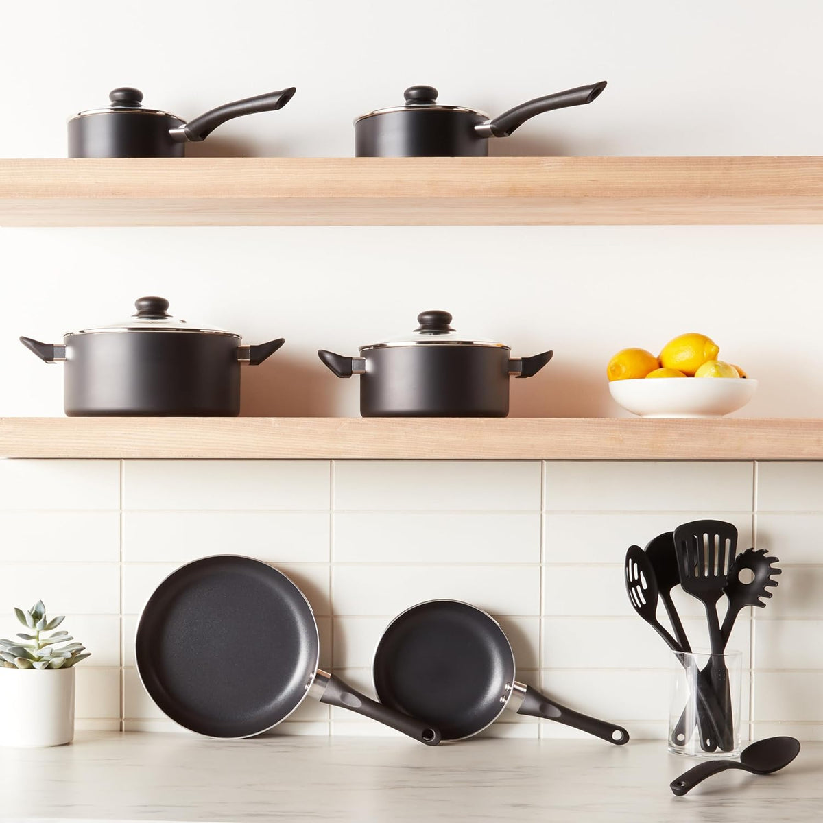 Amazon Basics cookware set interior non-stick coating close up