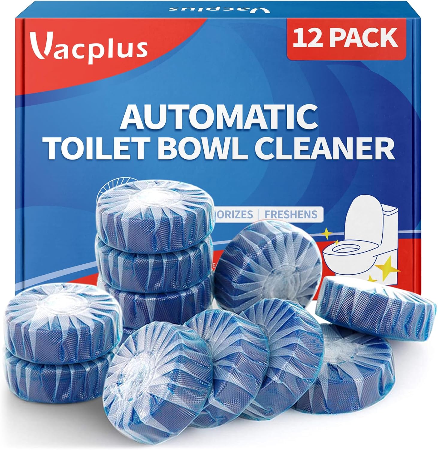 Vacplus automatic toilet bowl cleaner tablets 12 pack front packaging