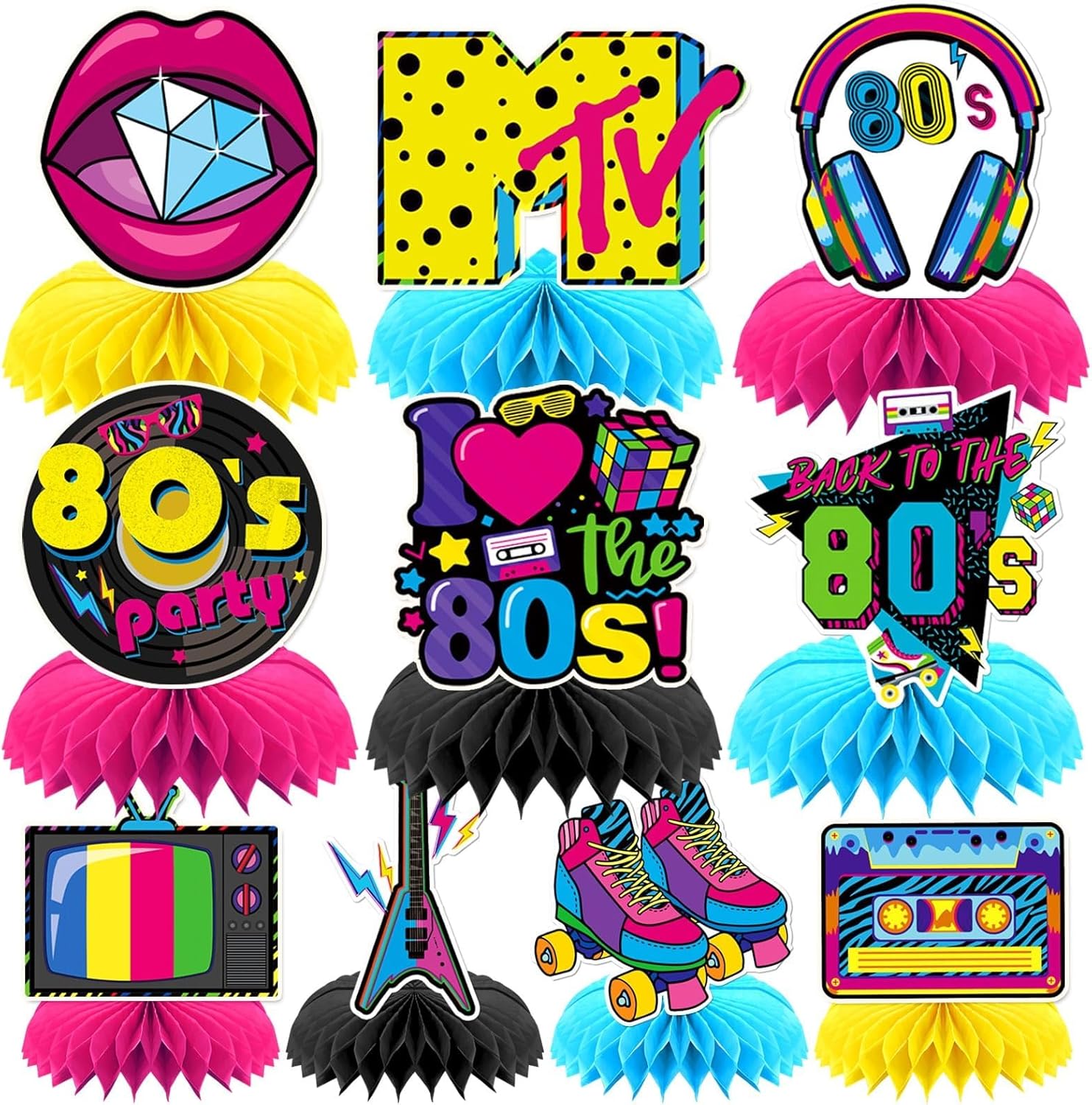 DTOFOOT 10 Pieces 80s party honeycomb centerpieces arranged on a table