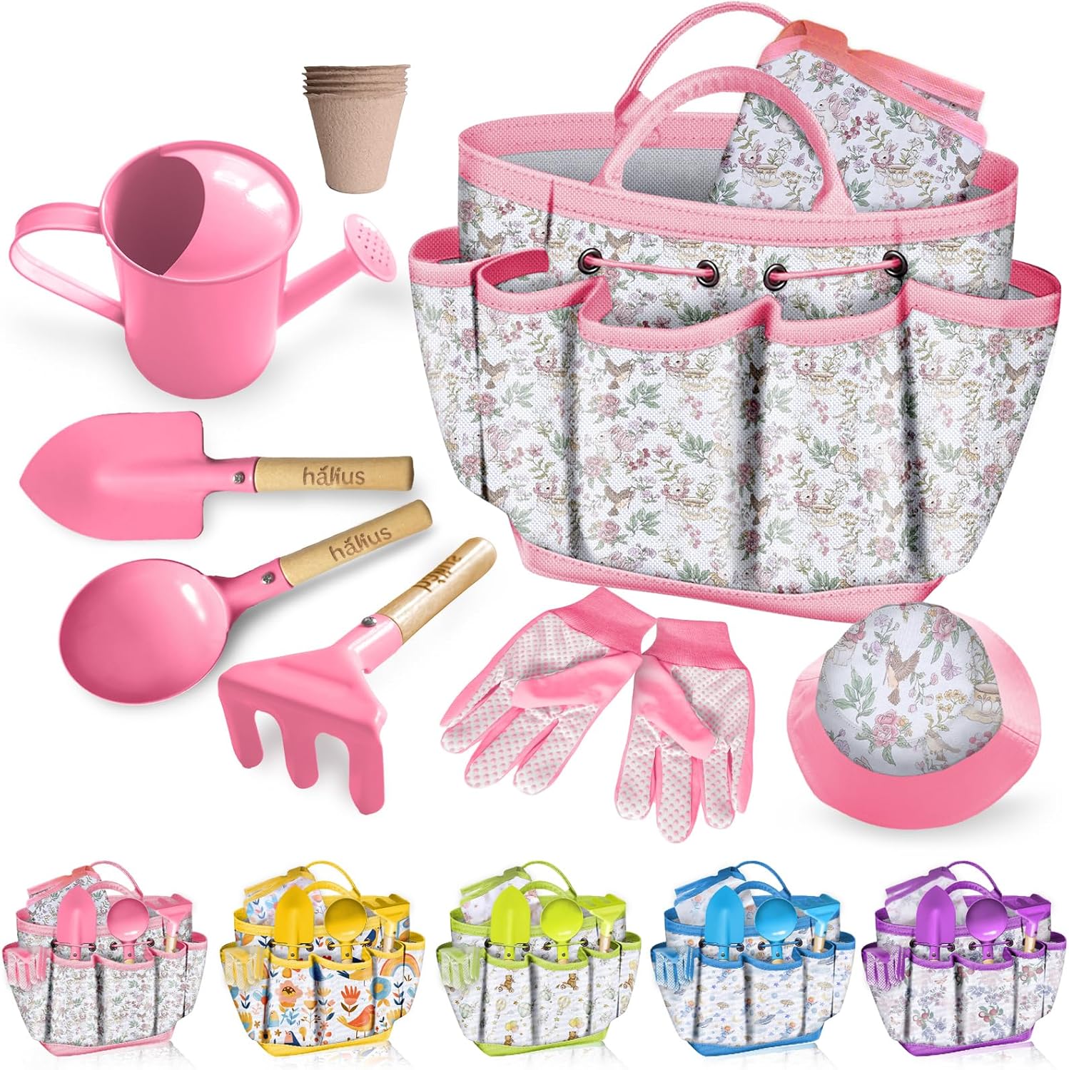 Halilus Kids Gardening Tool Set front view showcasing the complete 18 piece pink kit with tote bag and wearables.