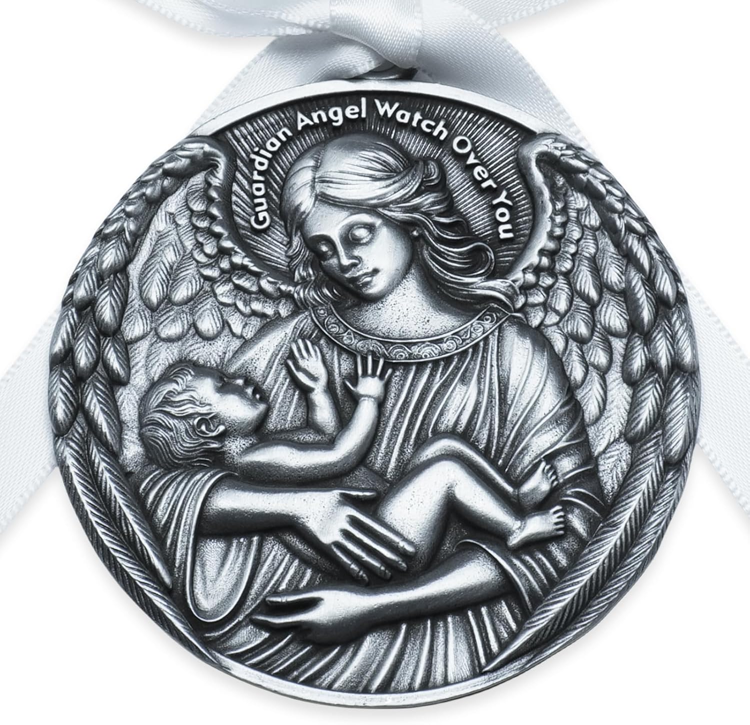 Aiviwiai guardian angel crib medal front view showing embossed silver tone design for baptism gift