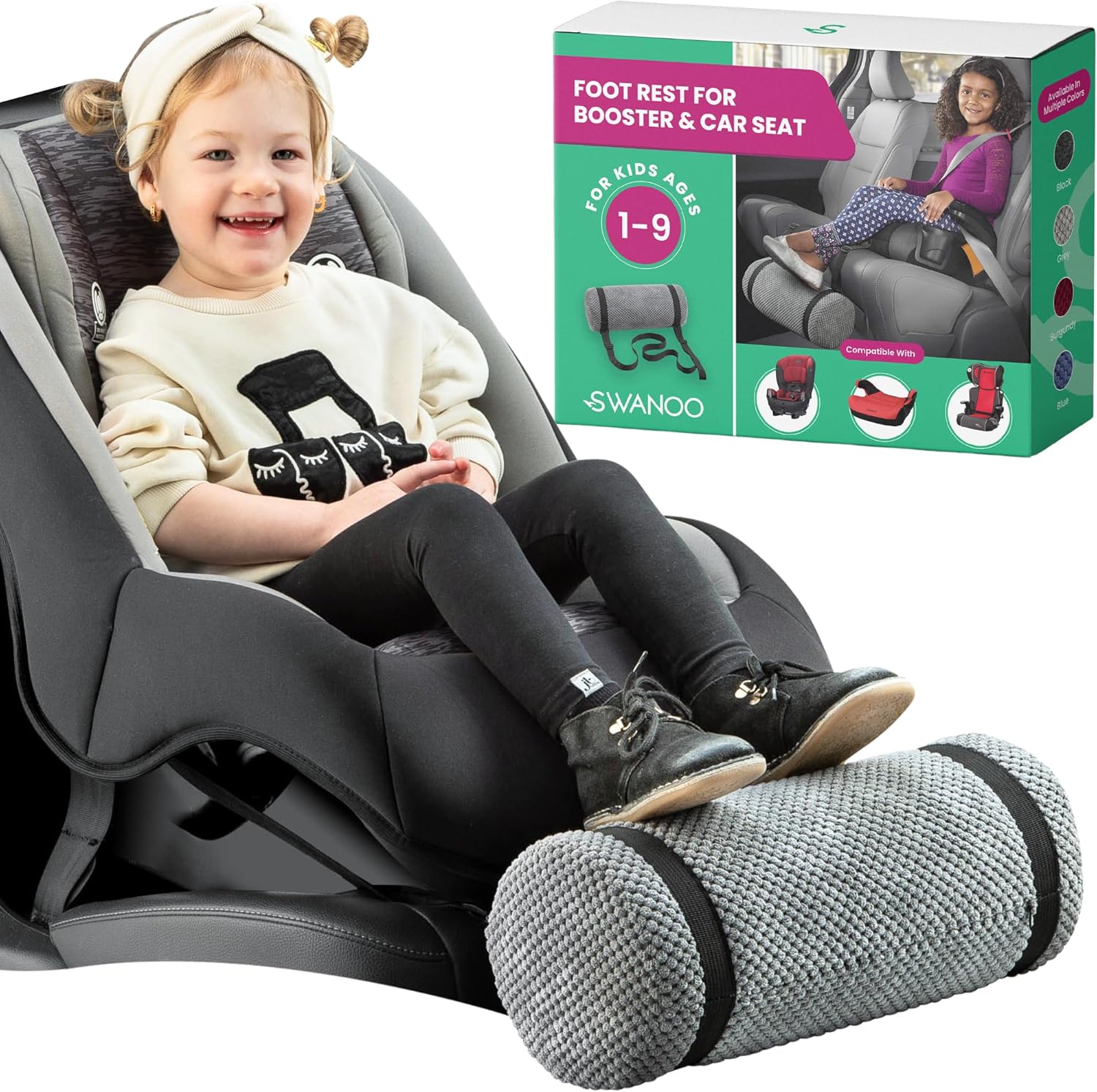 Swanoo car seat foot rest for kids in grey front view comfort cushion