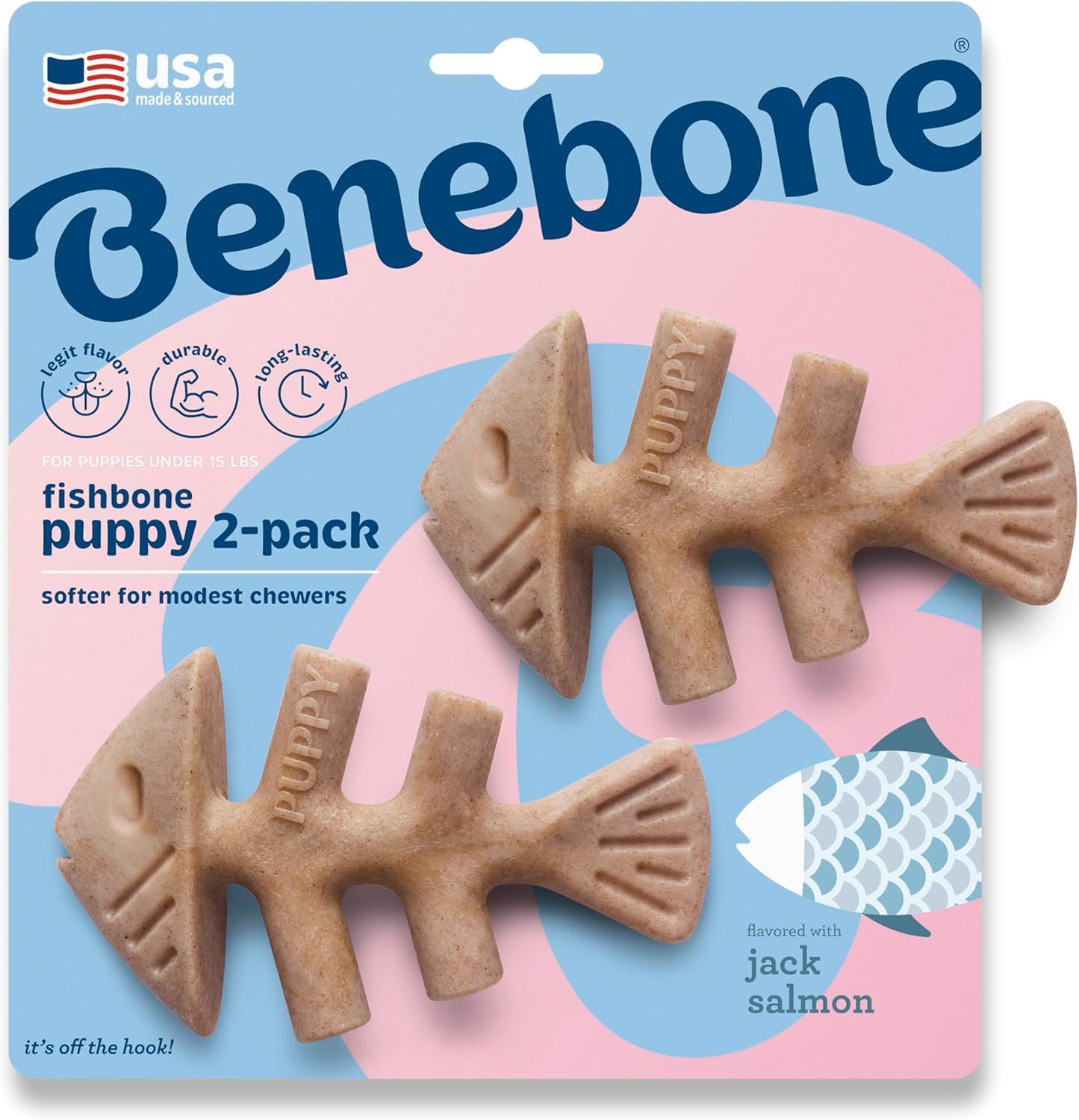 Benebone Puppy Tiny Fishbone Two-Pack front view showing the curved ergonomic design