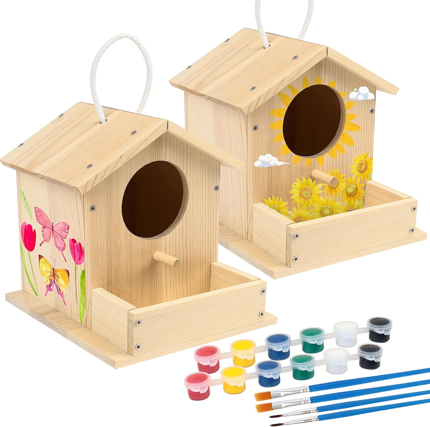 LotFancy DIY Wooden Bird House Kit 2 Pack front view with paints