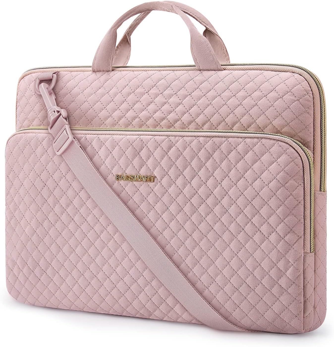 BAGSMART puffy laptop sleeve front view in pink showing the quilted exterior pattern and zipper detailing.
