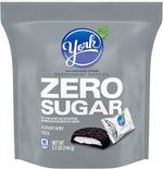Back packaging of YORK zero sugar mint patties showing detailed nutrition facts and aspartame free ingredients.