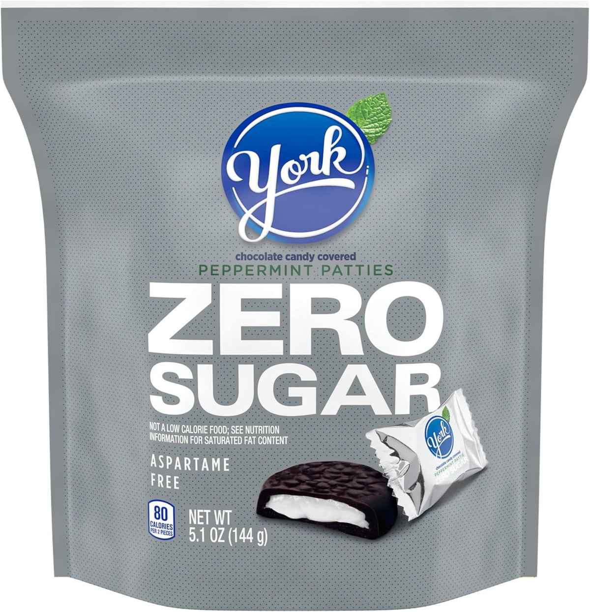 Back packaging of YORK zero sugar mint patties showing detailed nutrition facts and aspartame free ingredients.
