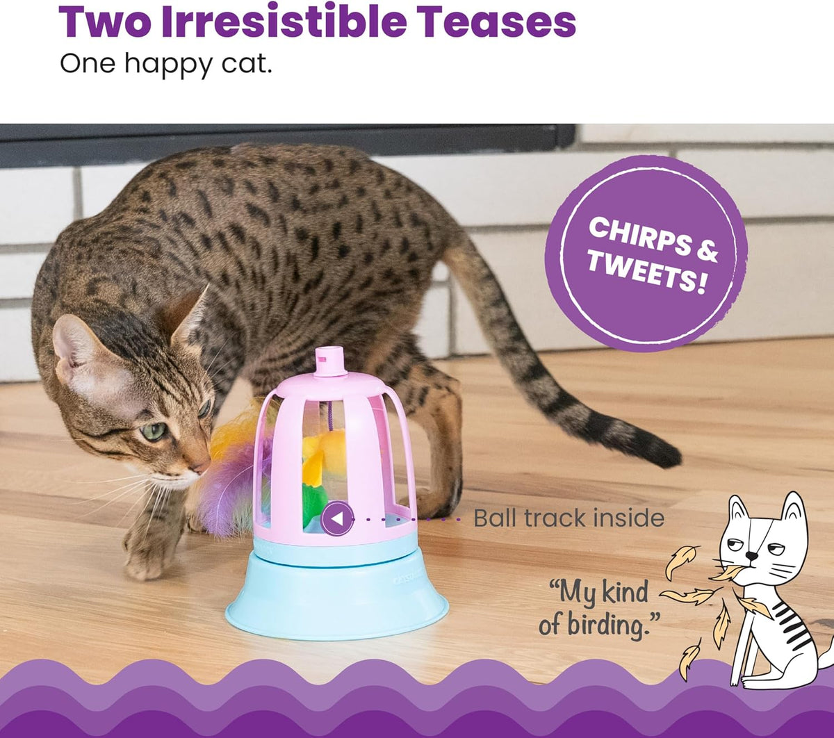 Catstages chirping bird toy purple cage design