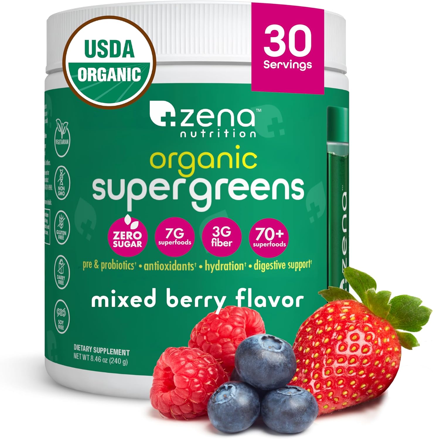 Zena Nutrition Organic Super Greens Powder, 70+ Superfoods, 0 Sugar, 3G Fiber, Spirulina, Chlorella, Antioxidants, Prebiotics/Probiotics, Digestive Enzymes, Mixed Berry, 30 Servings - Image 1