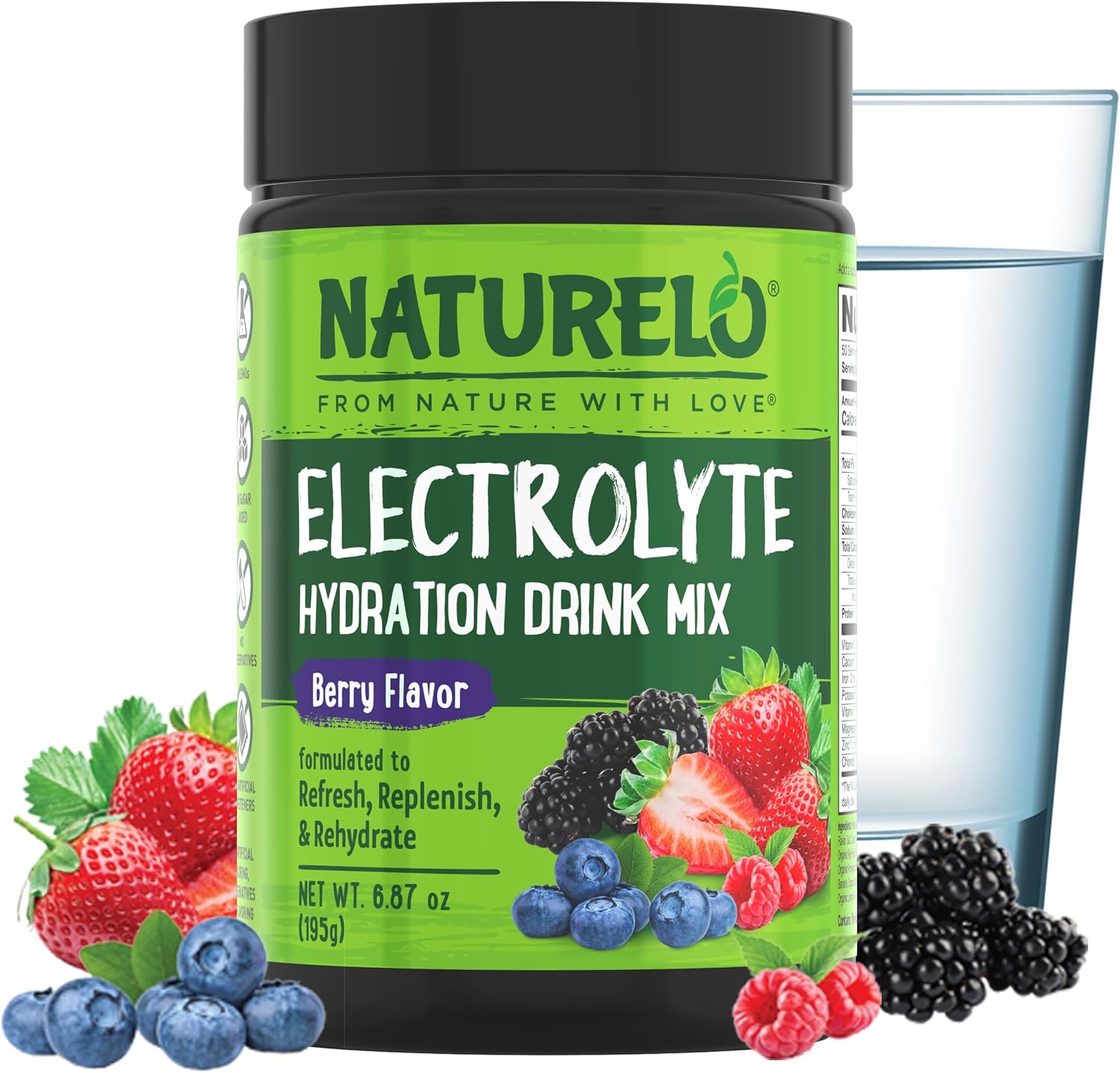 Naturelo electrolyte powder berry flavor jar front view