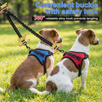 Sunnymove double dog training lead showing the secure metal fasteners and the bungee extension mechanism for shock absorption.