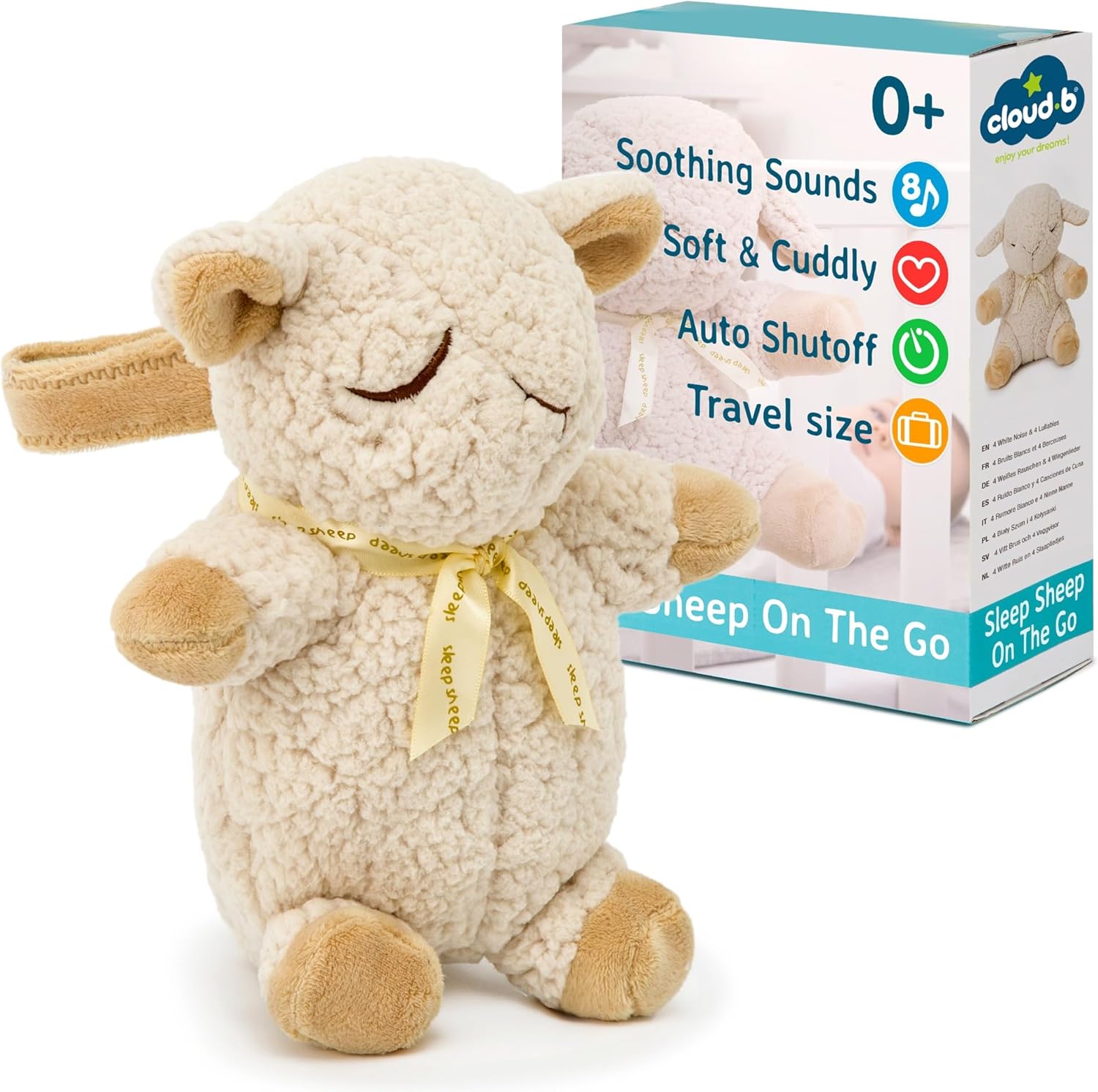 Cloud b Sleep Sheep On The Go portable sound machine front view showing plush fabric detailing.