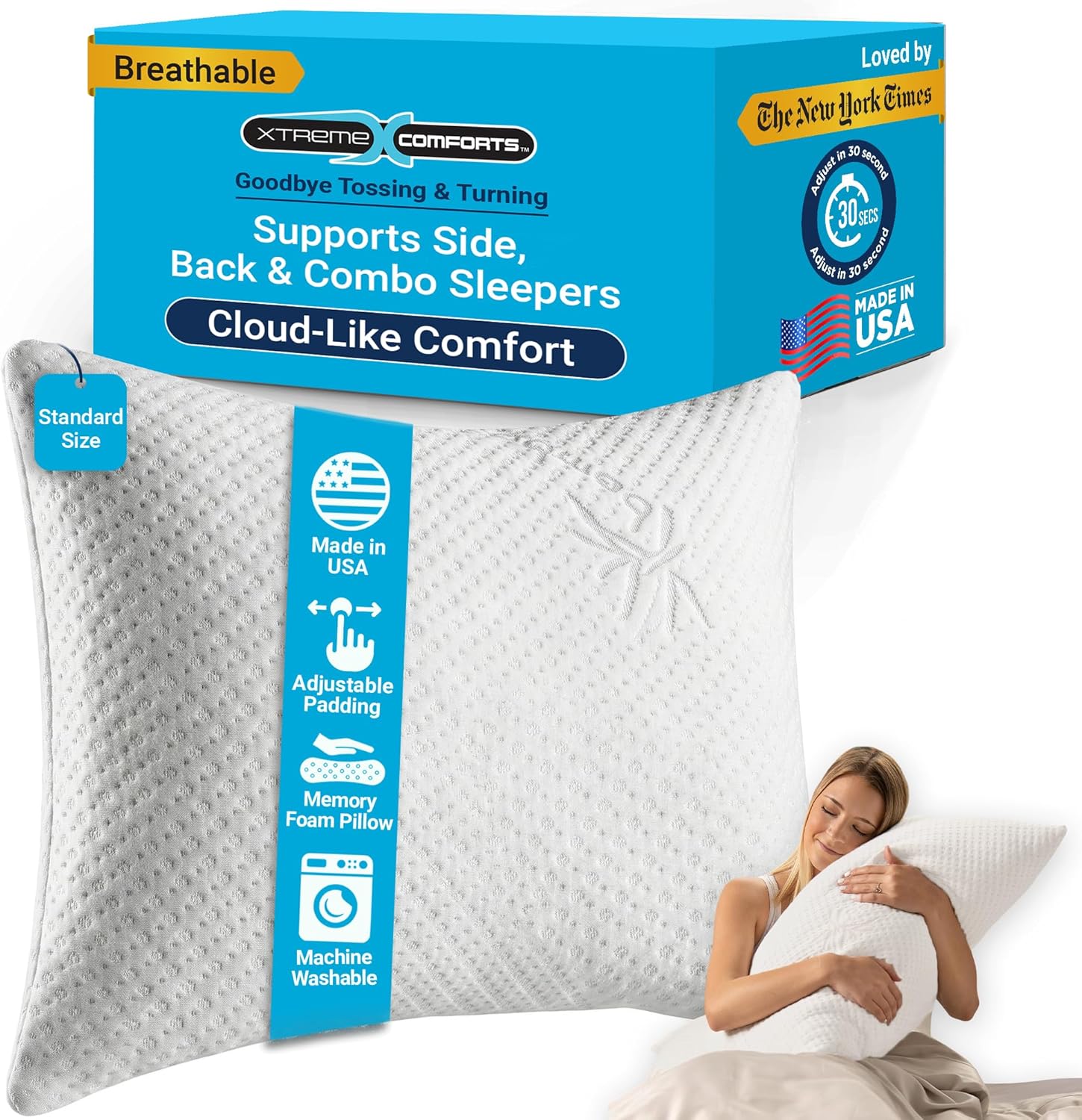 Xtreme Comforts standard shredded memory foam pillow front view for bedroom