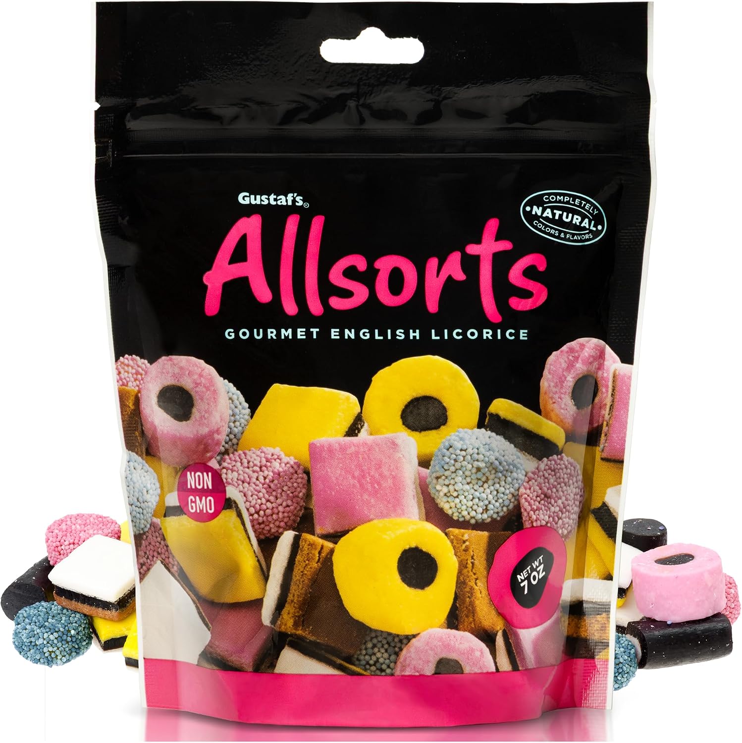 Gustaf's English Style Licorice Allsorts front view of seven ounce stand up bag
