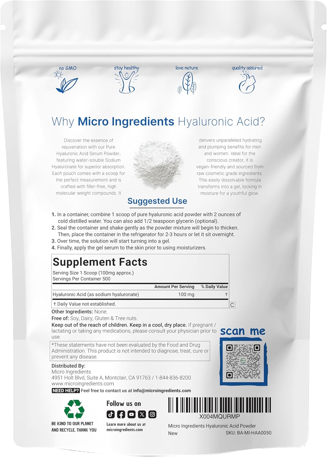 Micro Ingredients Hyaluronic Acid Serum Powder back label and ingredient details