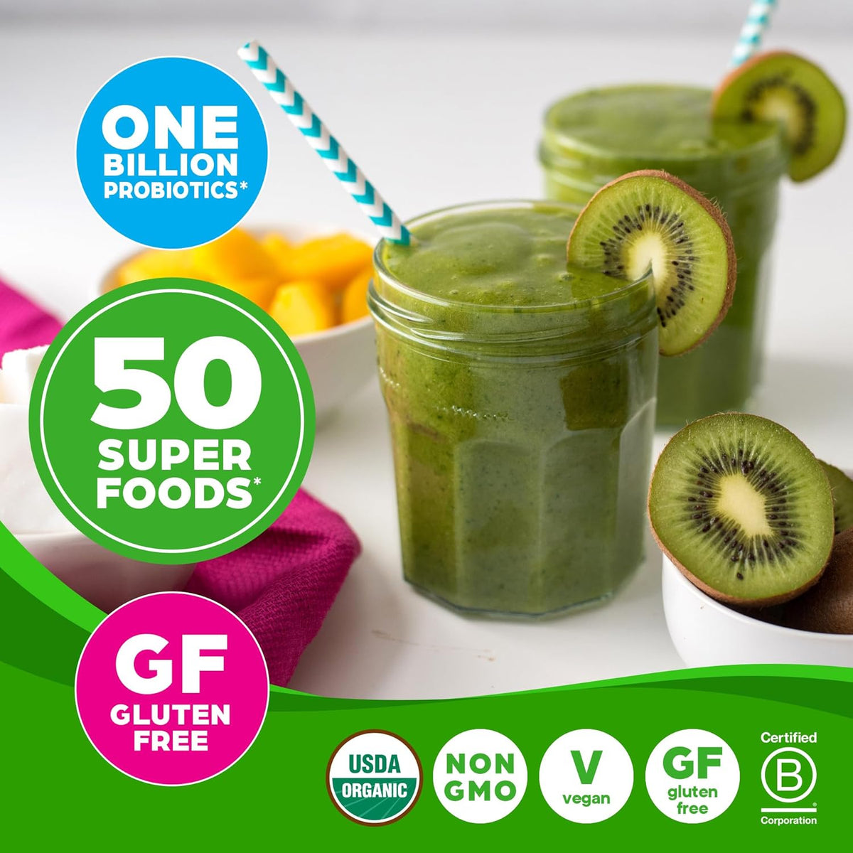 Plant based green juice and smoothie drink mix scoop with organic ingredients
