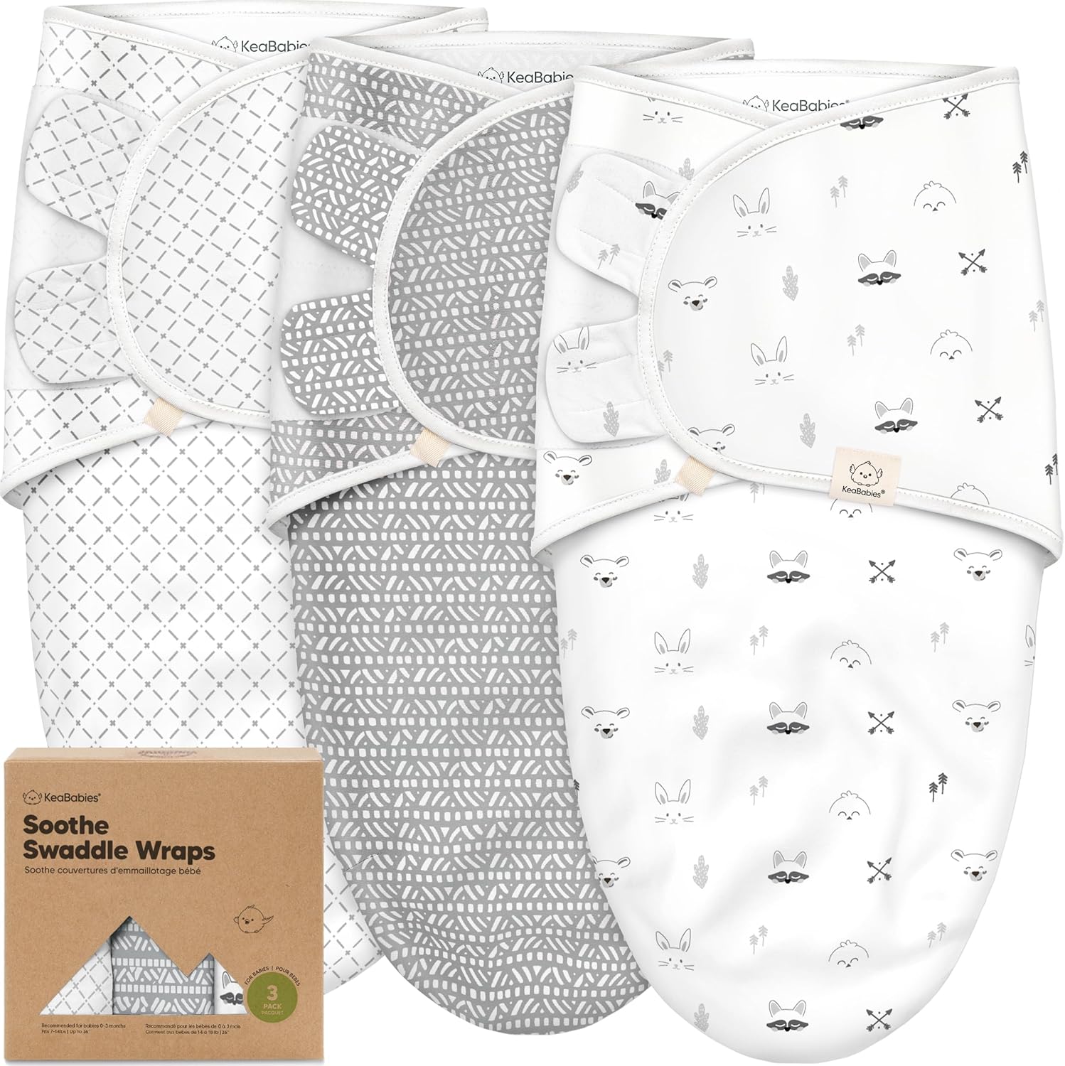 KeaBabies 3-pack organic baby swaddle sleep sacks front view