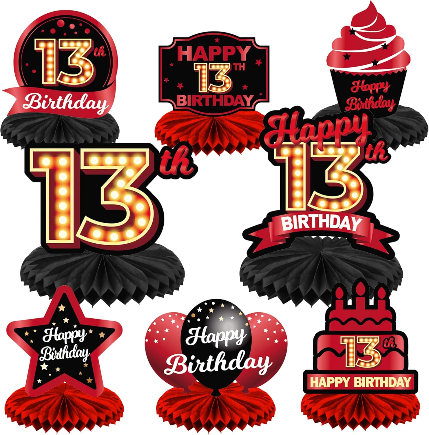 Coosoar 13th birthday honeycomb centerpiece front view red and black theme