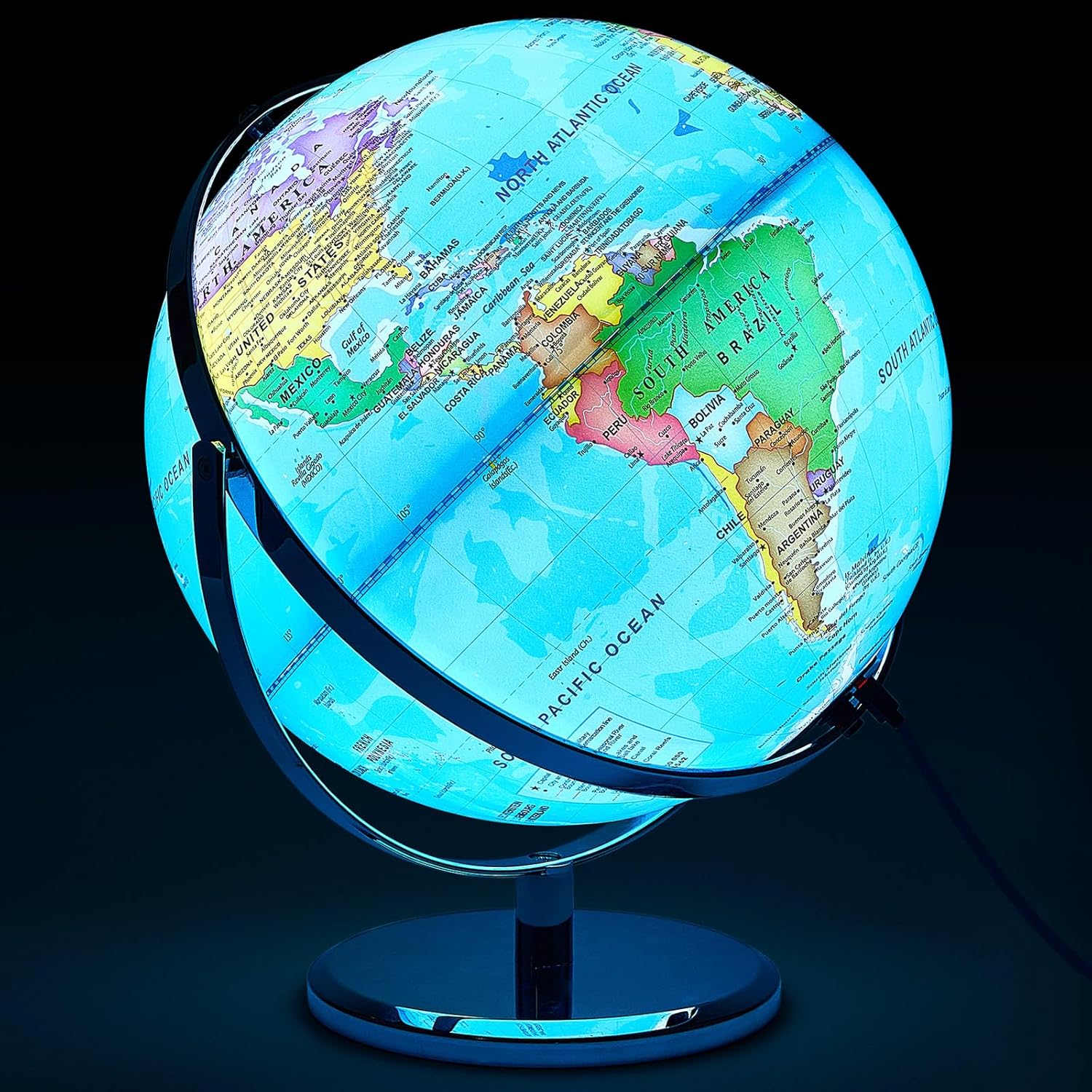 Amylove 13 inch illuminated world globe front view with metallic stand