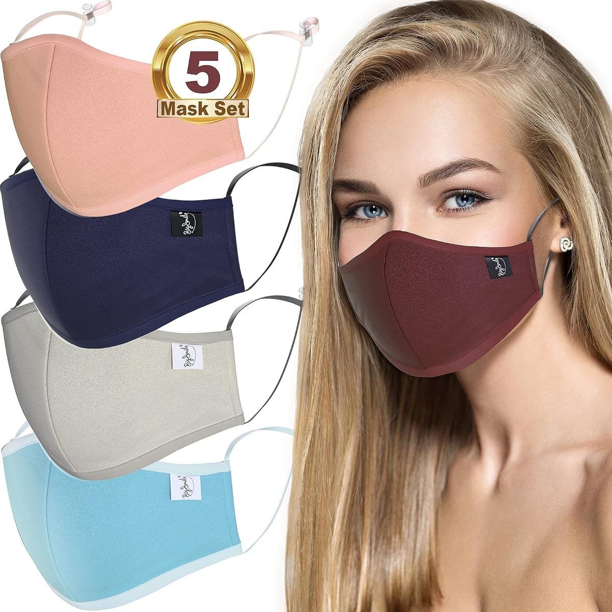BigSmile cloth face masks front view showing 5 pack color assortment