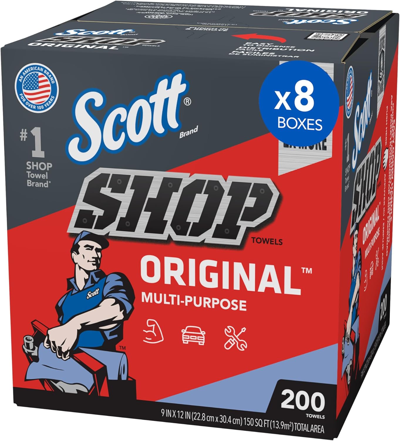Scott Shop Original Blue Towels (75190), 9"x12" Cloth-like Paper Towel (8 Boxes of 200 Sheets, 1,600 Sheet Total) - Image 1