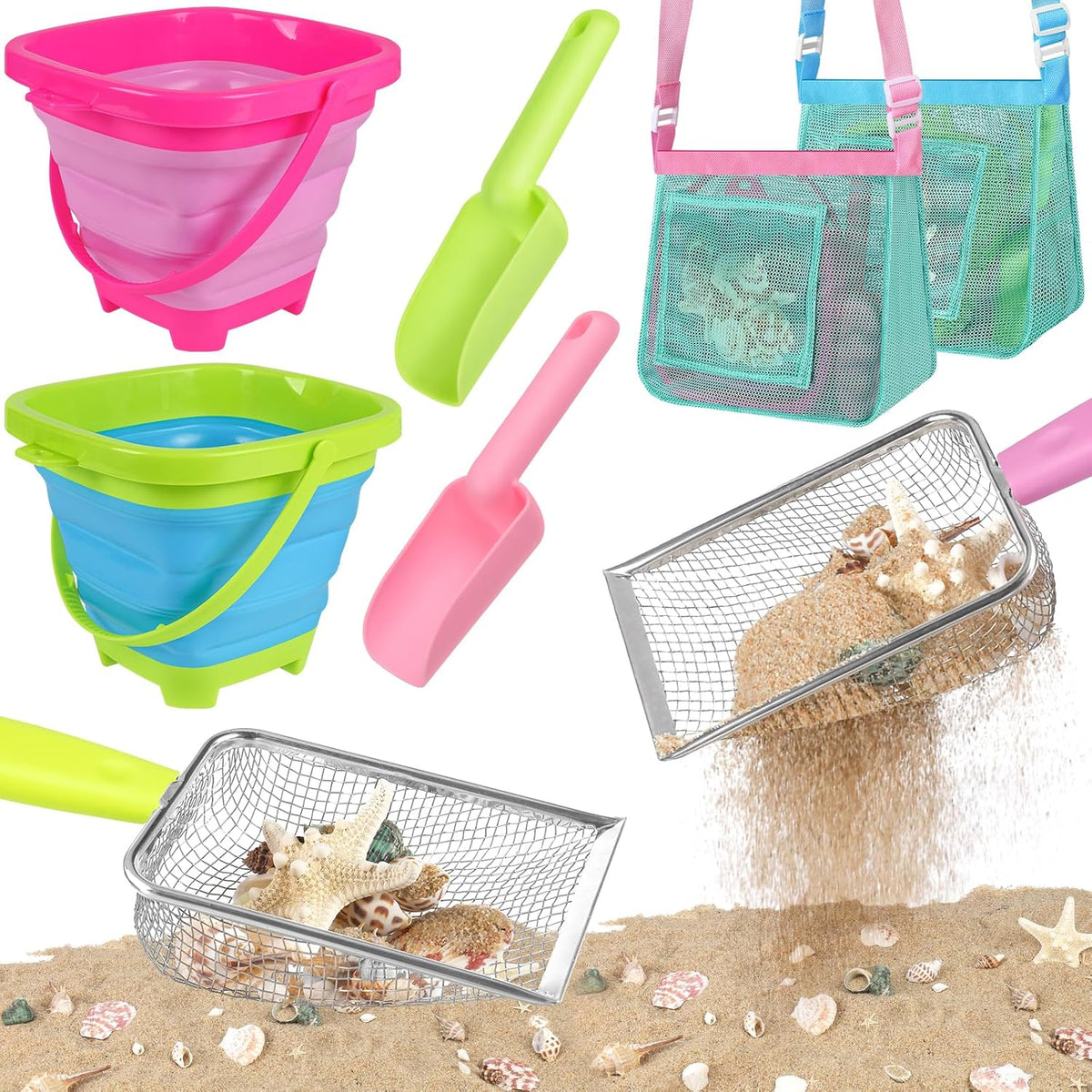 Fhozgecy beach and sand toy set with two collapsible buckets