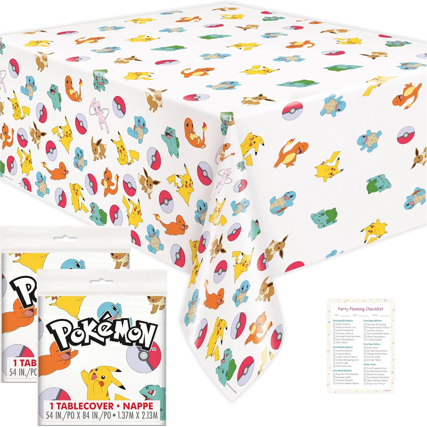 Unique Pokemon birthday party plastic tablecloths front view showing Pikachu design