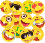 Kangaroo UMUACCAN inflatable emoji beach balls pack of 12 front view showcasing vibrant yellow smiley designs.