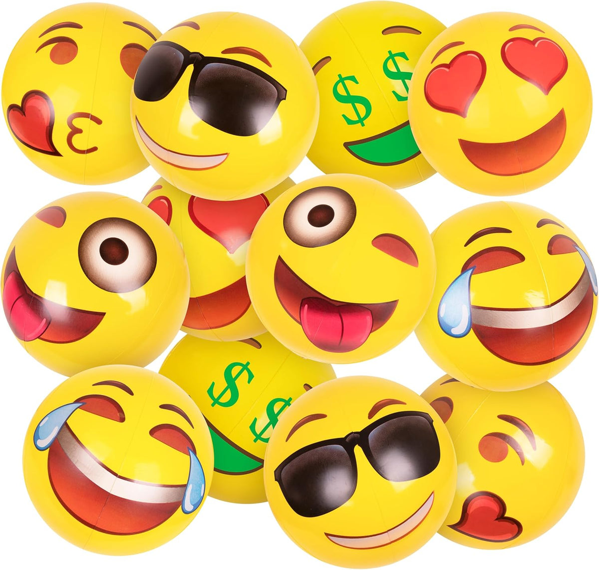 Kangaroo UMUACCAN inflatable emoji beach balls pack of 12 front view showcasing vibrant yellow smiley designs.