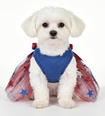 Side view of a small puppy wearing the YSTAR red white and blue pet party clothing