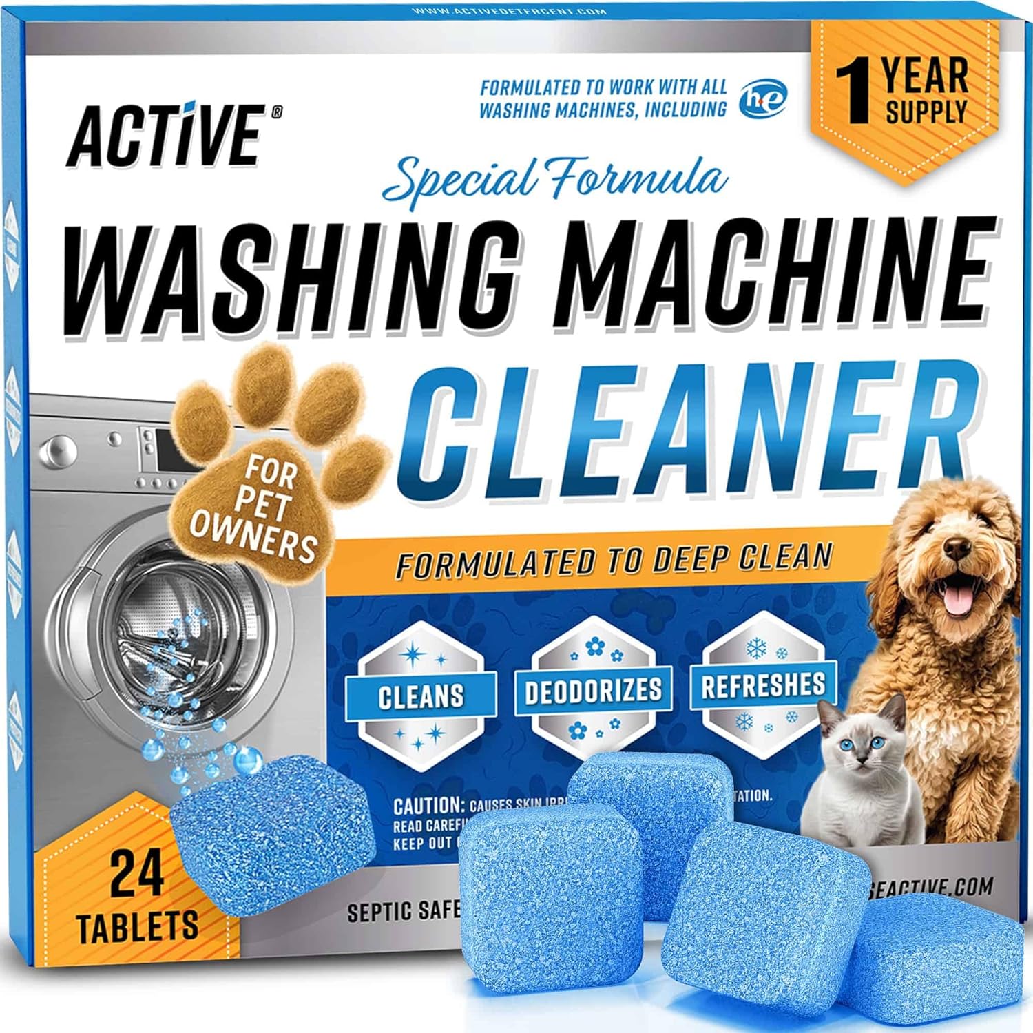 ACTIVE Washing Machine Cleaner for Pet Owners packaging front view showing twenty four enzymatic tablets.