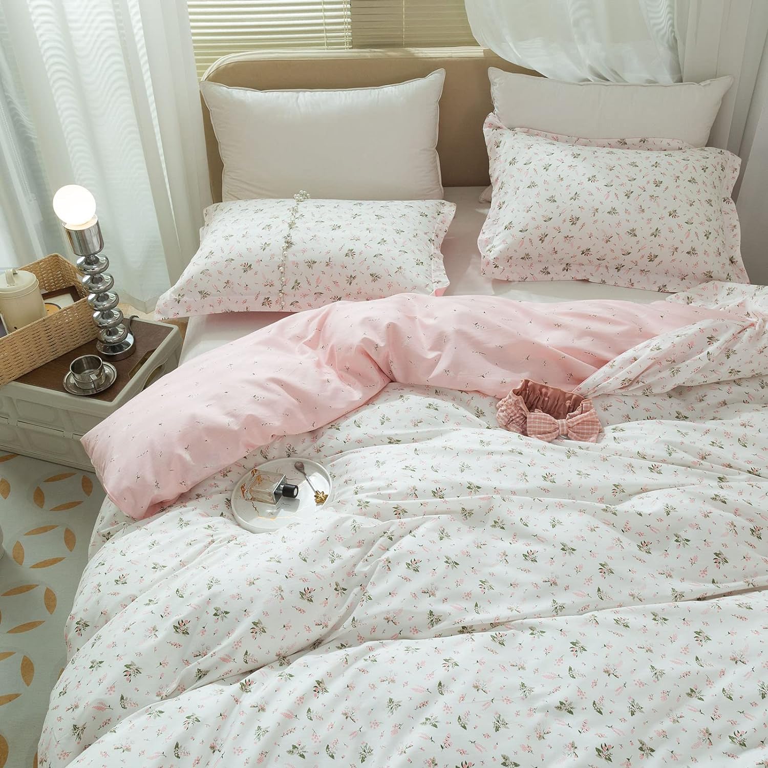 LifeTB floral girls duvet cover full size pink botanical bedding front view look