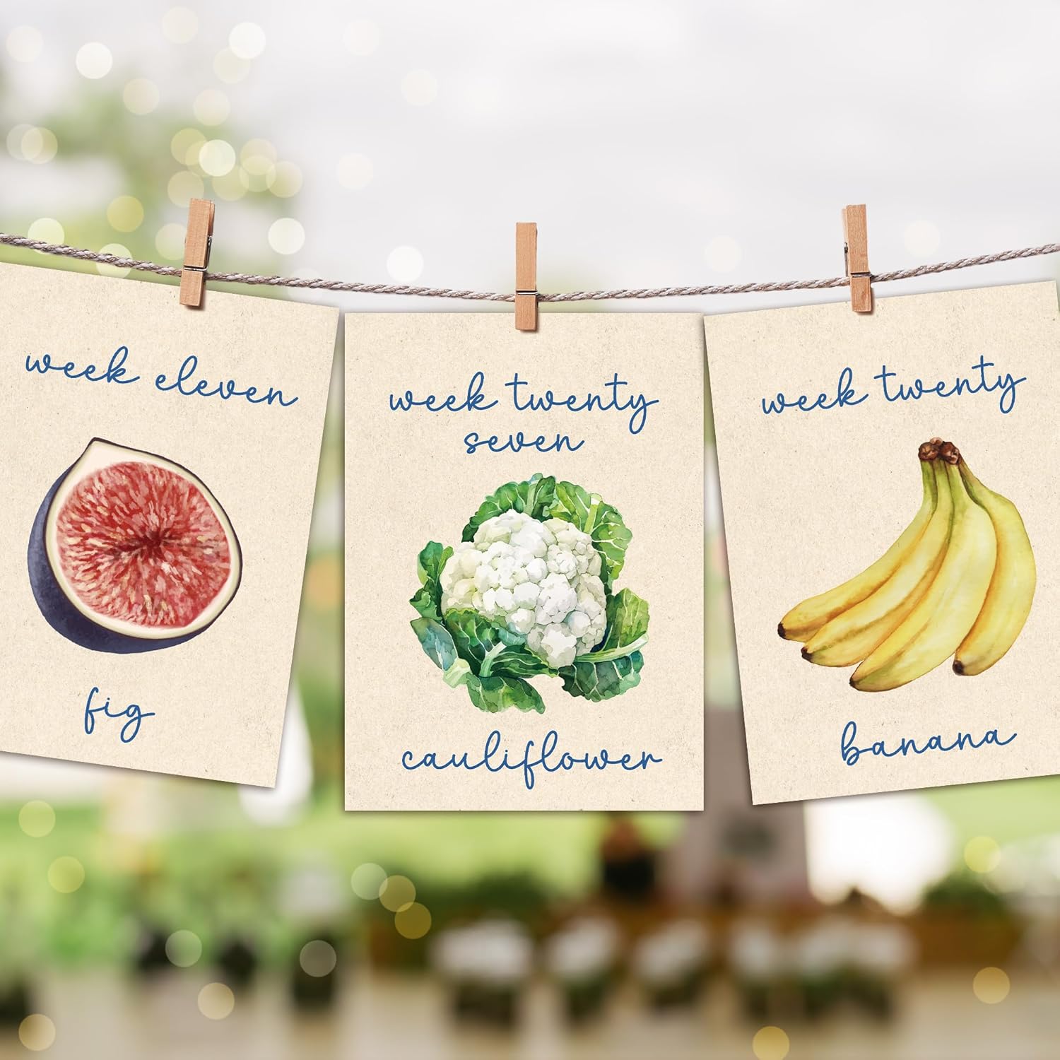 HandEasy locally grown baby shower decorations front view featuring weekly milestone cards.