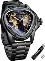 Winner Fashion Mechanical Wrist Watch Triangle Racing Dial, Waterproof Golden Skeleton Dial Automatic Movement Leather Design Mechanical Watch for Men - Image 9