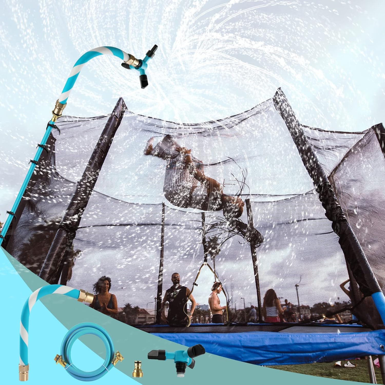 TINPOO Trampoline Sprinkler front view showing the blue three arm rotating assembly