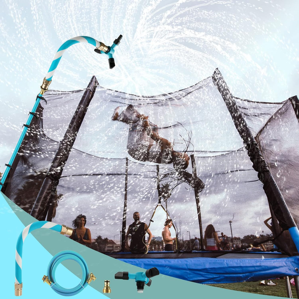 TINPOO Trampoline Sprinkler front view showing the blue three arm rotating assembly